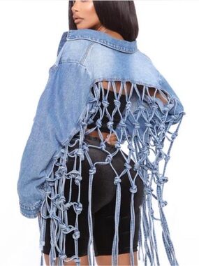 Frayed Rope-Back Denim Jacket - Light Blue